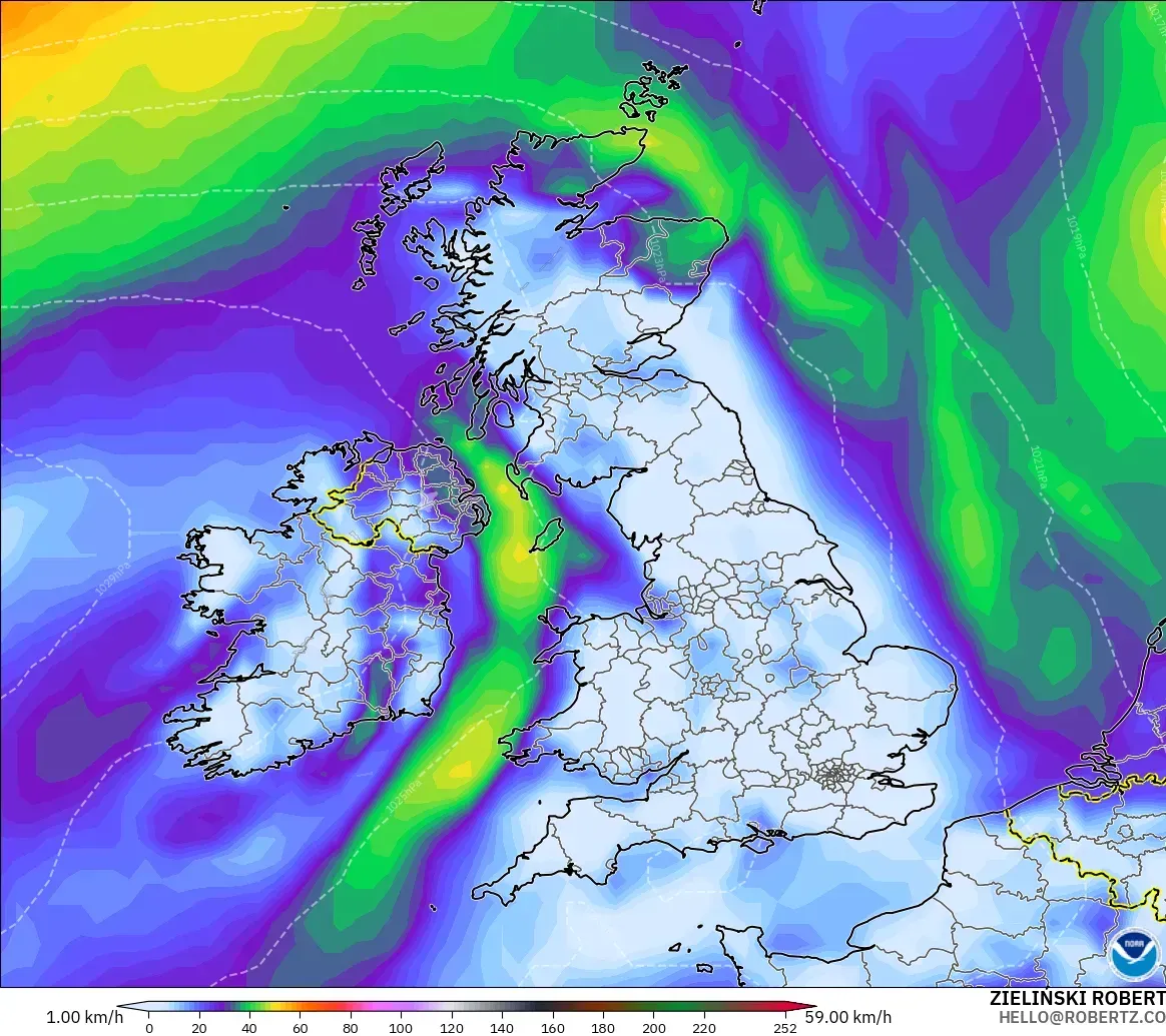 GFS modelo - Reino Unido, Ráfagas de Viento Máximas