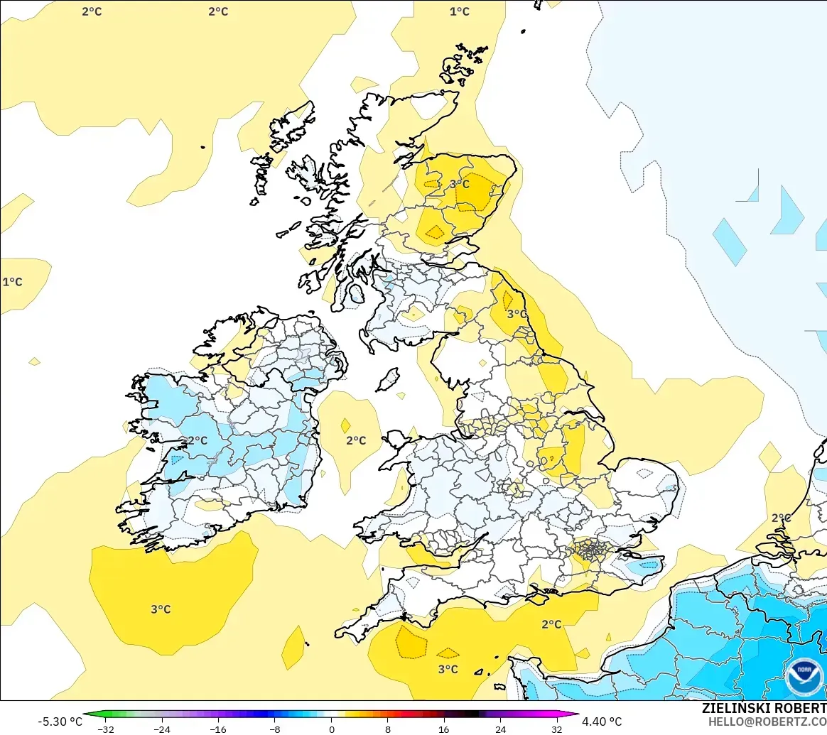 GFS modelo - Reino Unido, Anomalía de temperatura a 2 m