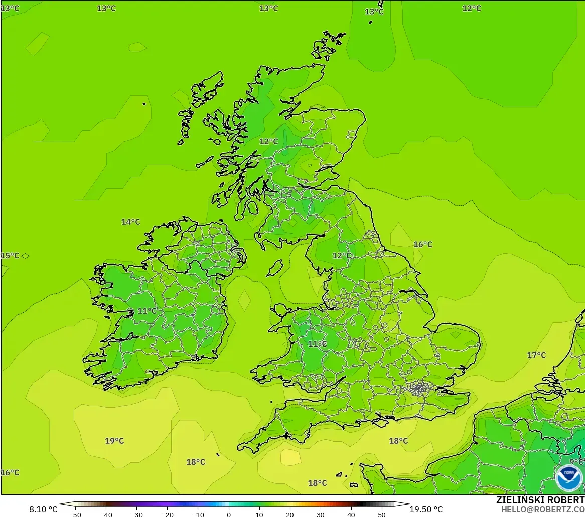 GFS modelo - Reino Unido, Temperatura a 2 m