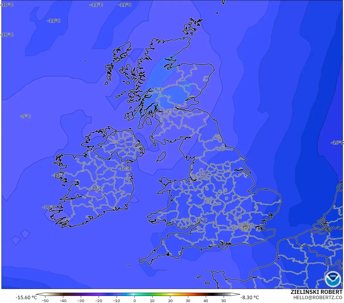 GFS modelo - Reino Unido, Temperatura a 500 hPa