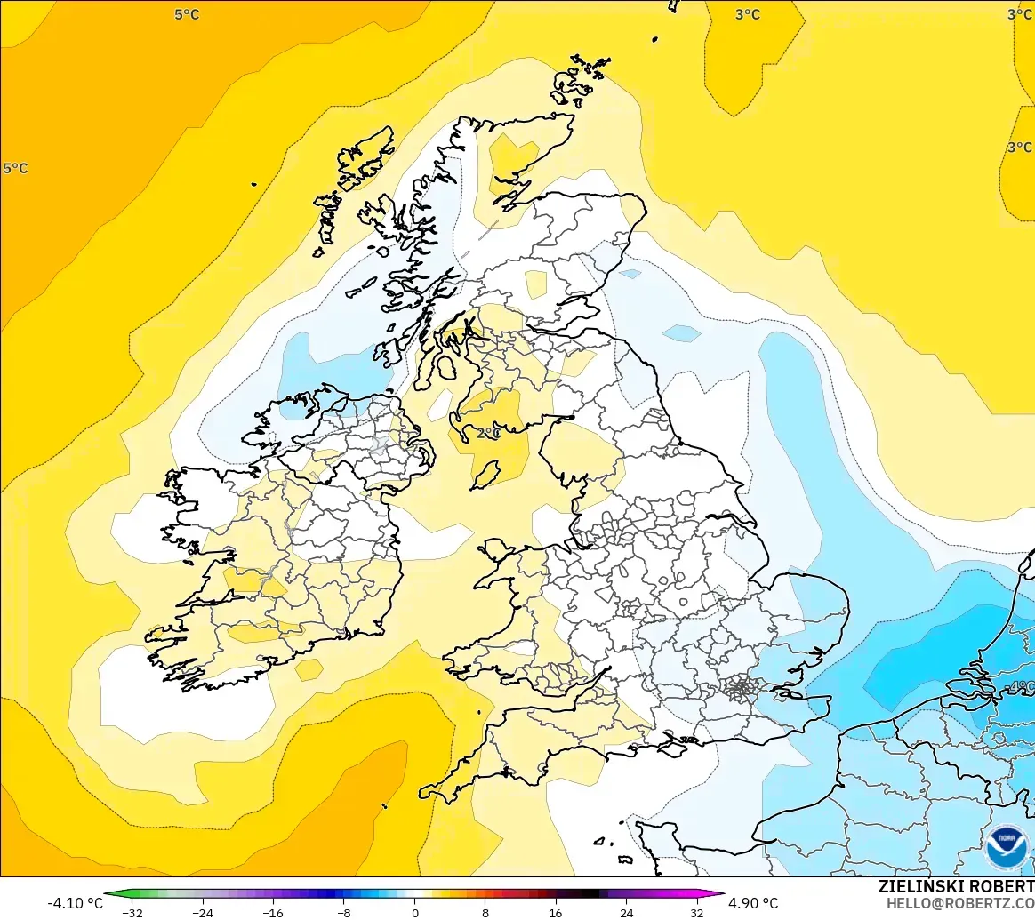 GFS modelo - Reino Unido, Anomalía de temperatura a 850 hPa