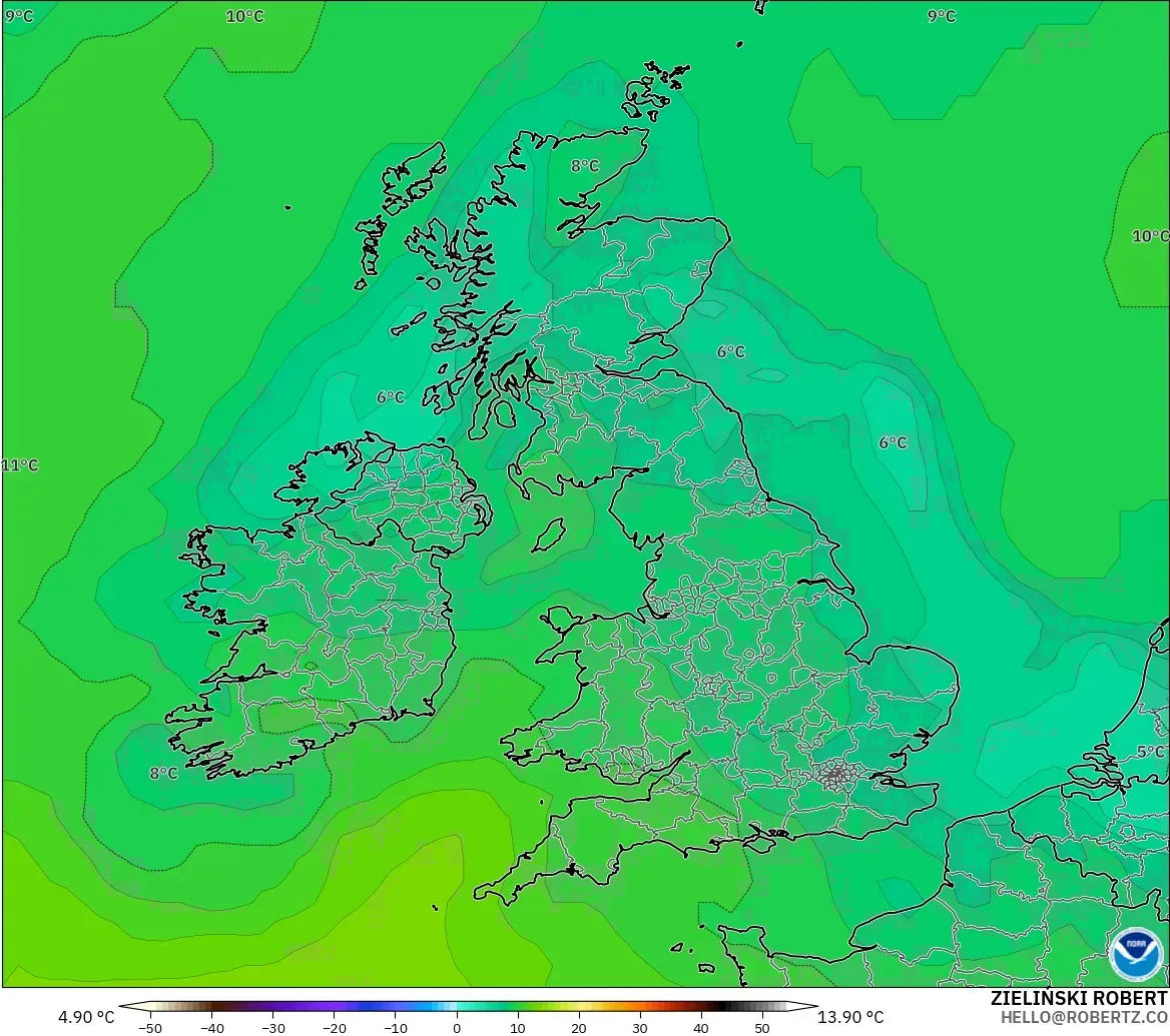 GFS modelo - Reino Unido, Temperatura a 850 hPa