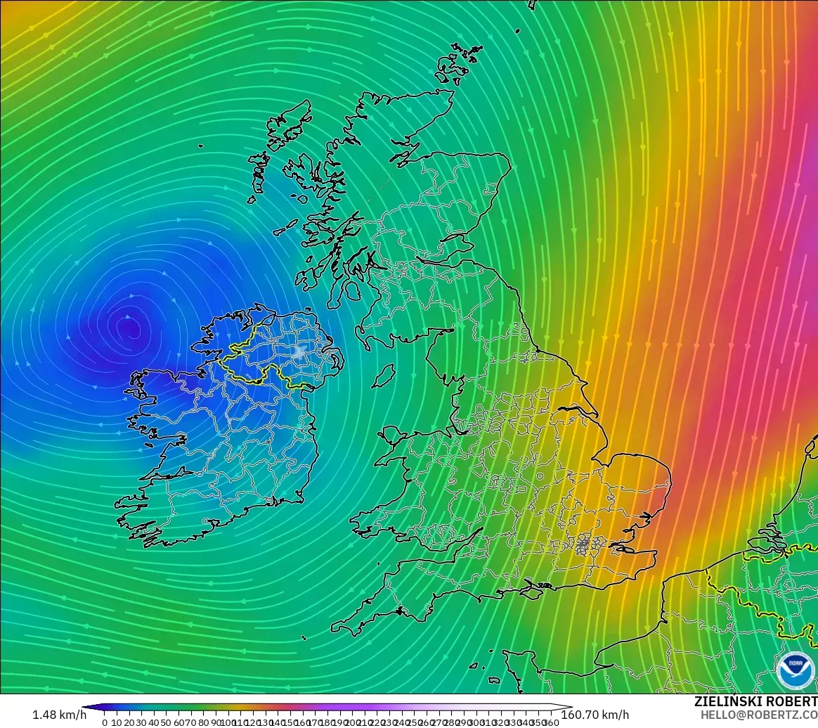 GFS modelo - Reino Unido, Viento a 300 hPa (corriente en chorro)