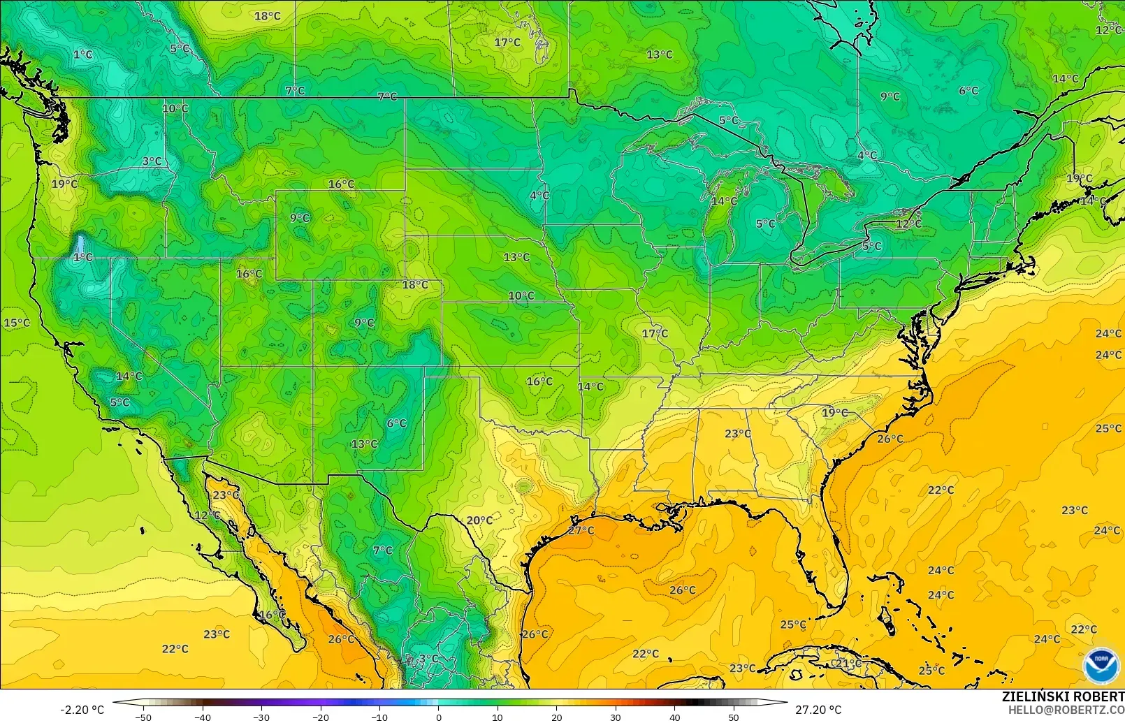 GFS modelo - Estados Unidos, Punto de rocío a 2 m