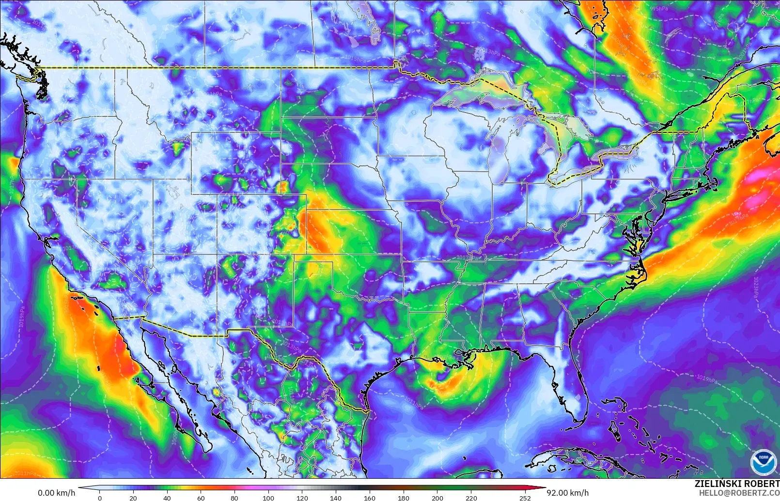 GFS modelo - Estados Unidos, Ráfagas de viento