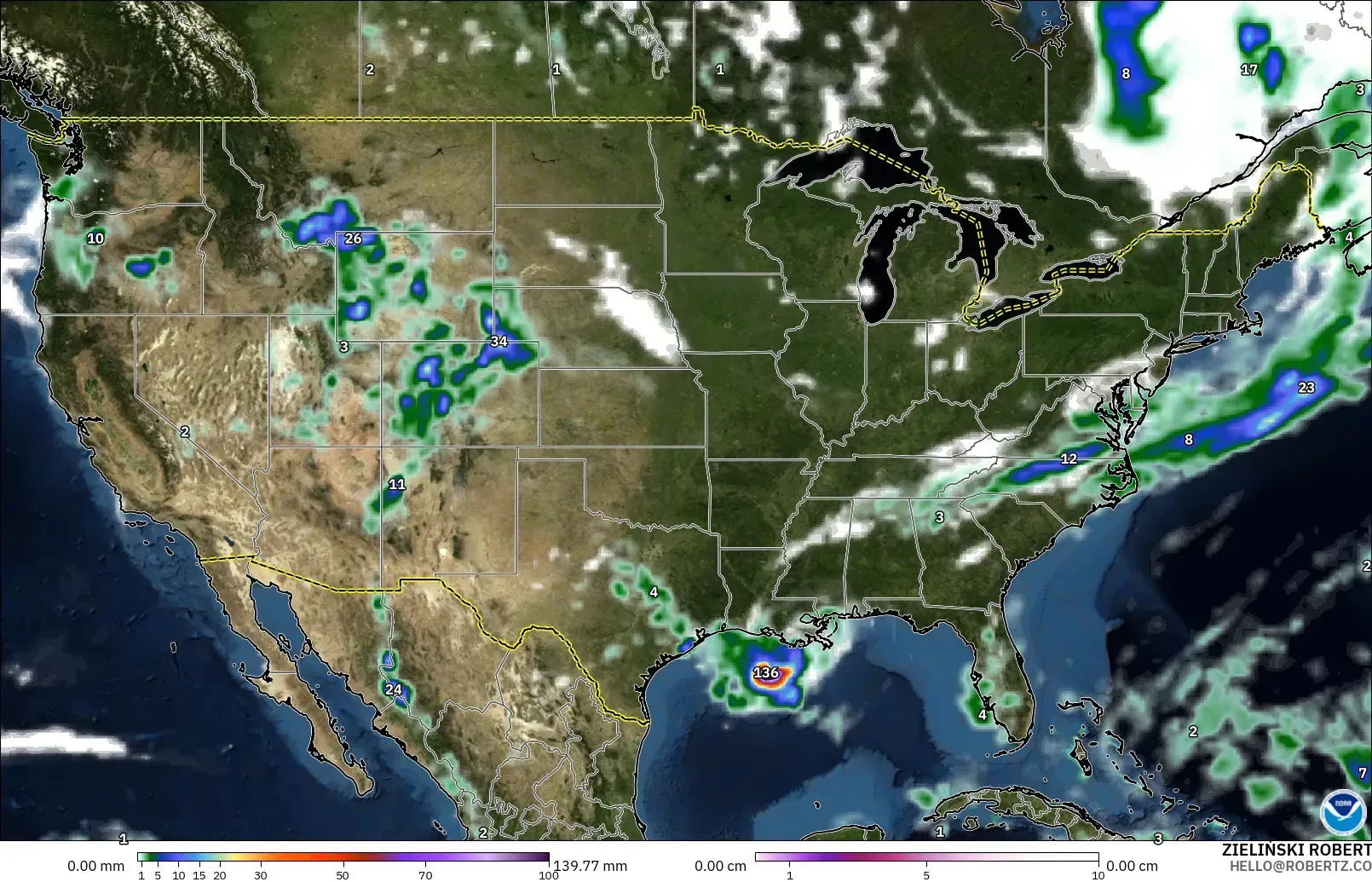 GFS modelo - Estados Unidos, Precipitación, nubes y presión