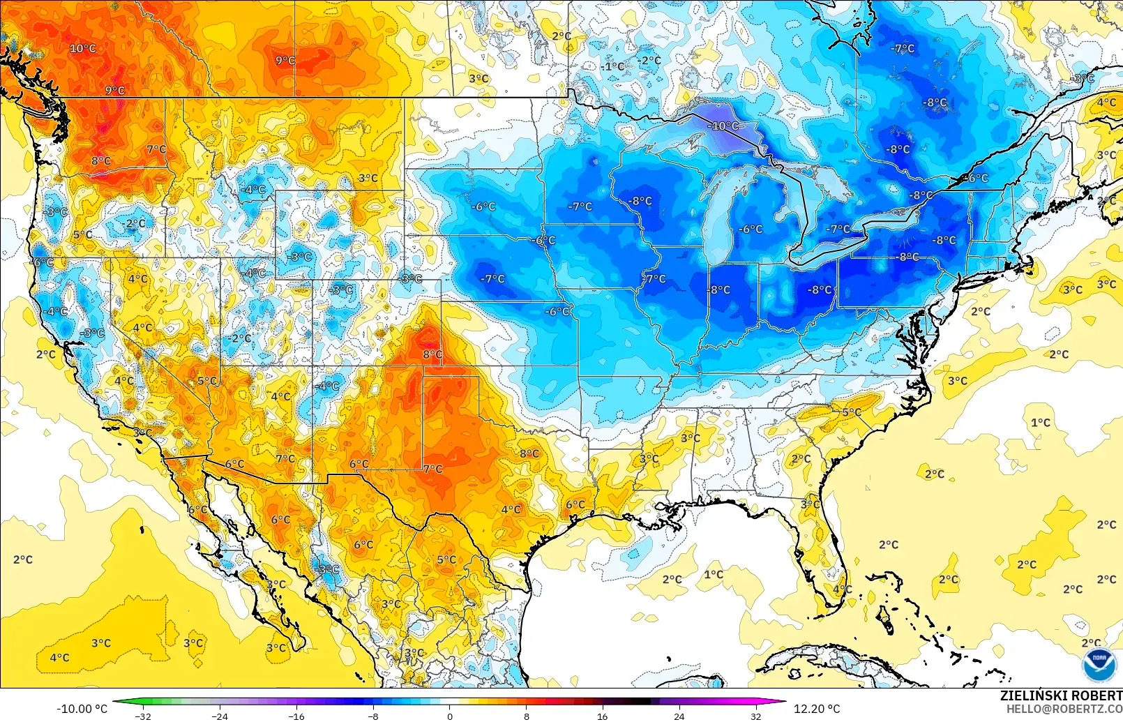 GFS modelo - Estados Unidos, Anomalía de temperatura a 2 m