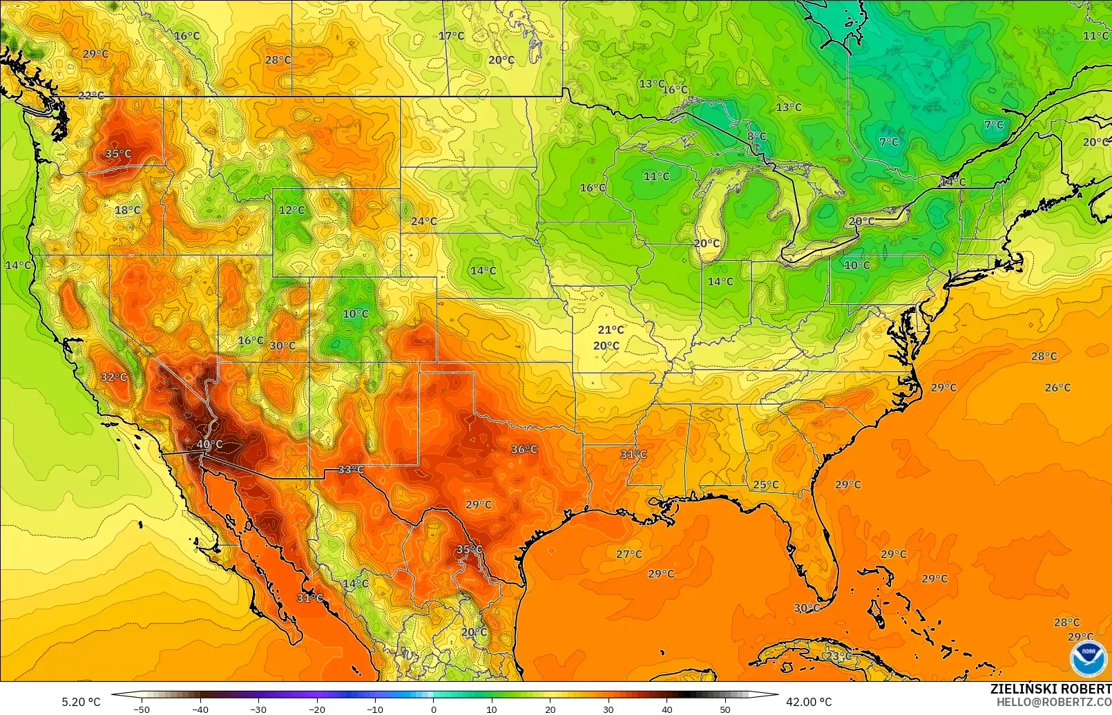 GFS modelo - Estados Unidos, Temperatura a 2 m