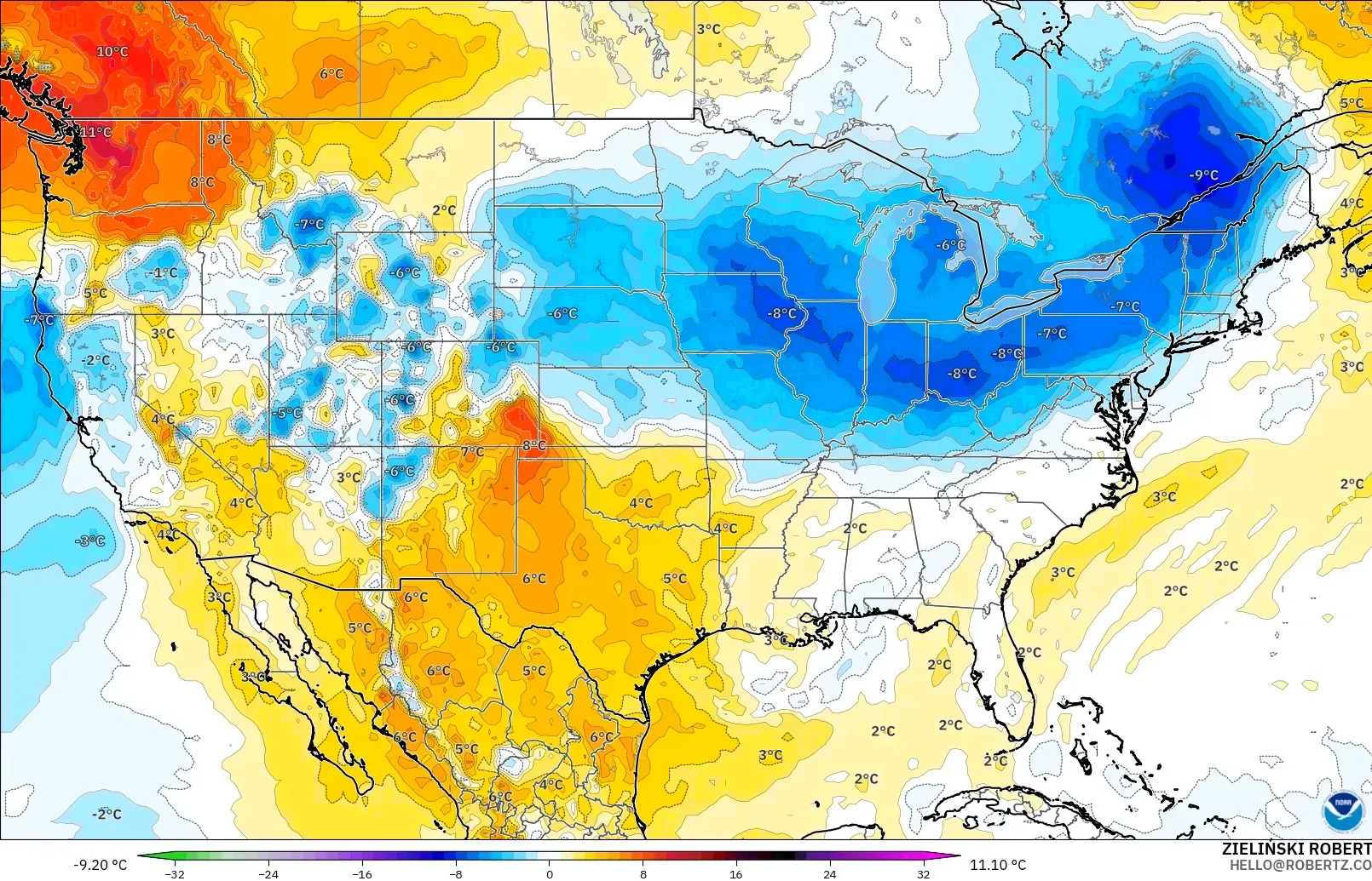 GFS modelo - Estados Unidos, Anomalía de temperatura a 850 hPa