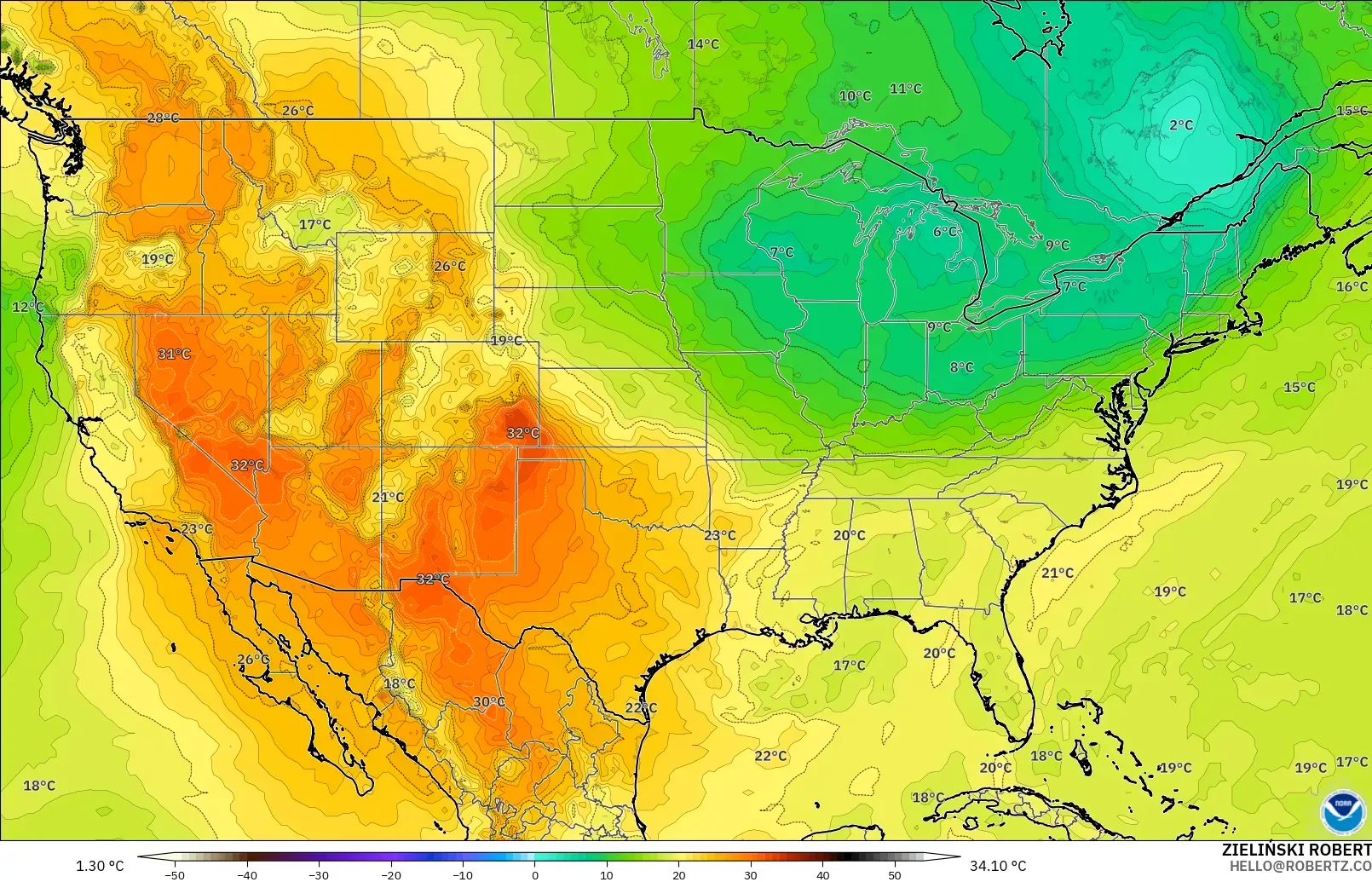 GFS modelo - Estados Unidos, Temperatura a 850 hPa