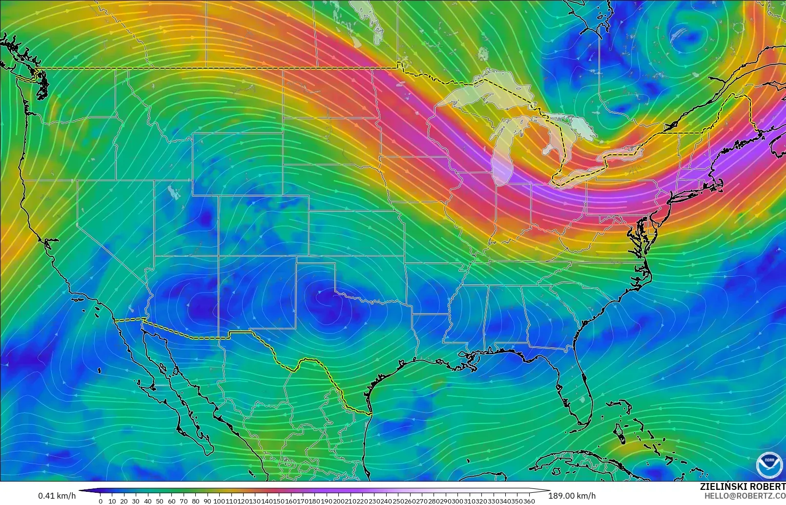 GFS modelo - Estados Unidos, Viento a 300 hPa (corriente en chorro)