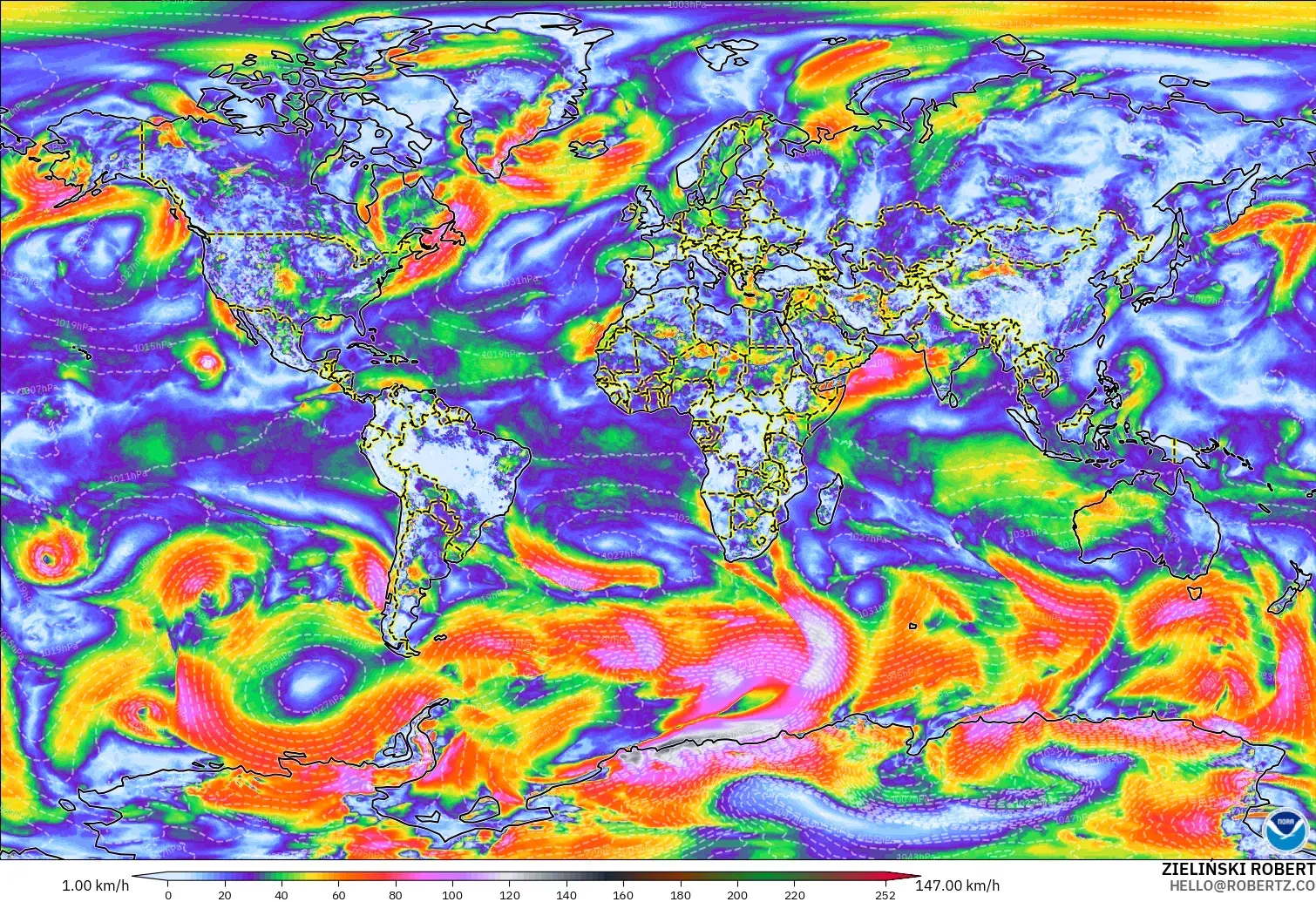 GFS modelo - Mundo, Ráfagas de Viento Máximas