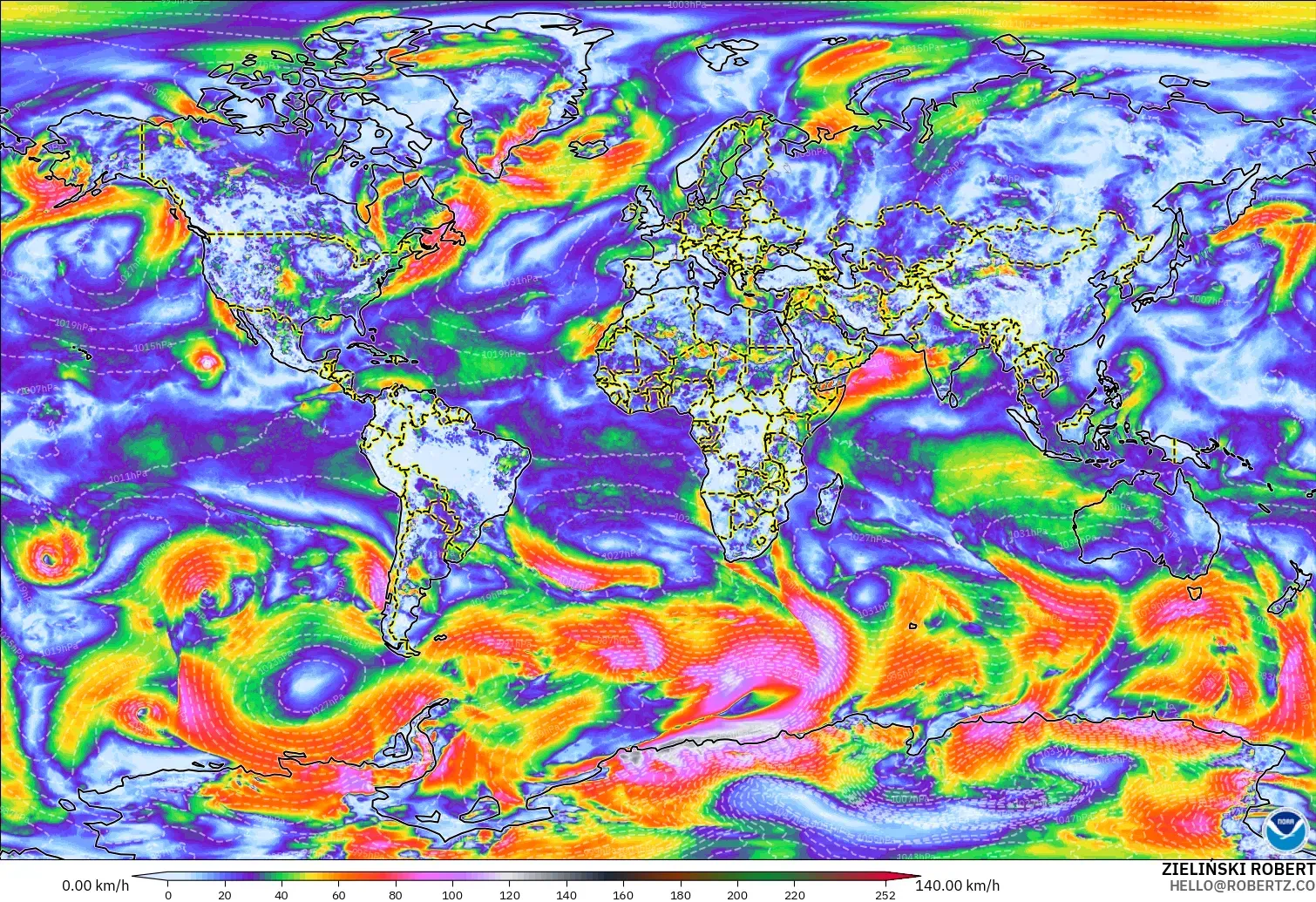 GFS modelo - Mundo, Ráfagas de viento