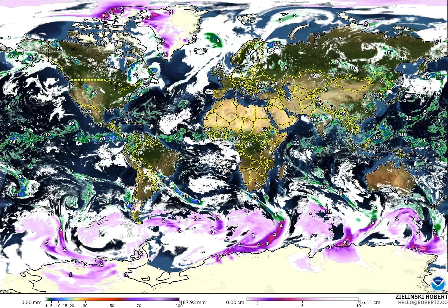 GFS modelo - Mundo, Precipitación, nubes y presión