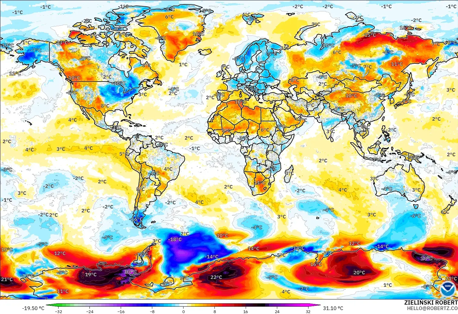 GFS modelo - Mundo, Anomalía de temperatura a 2 m