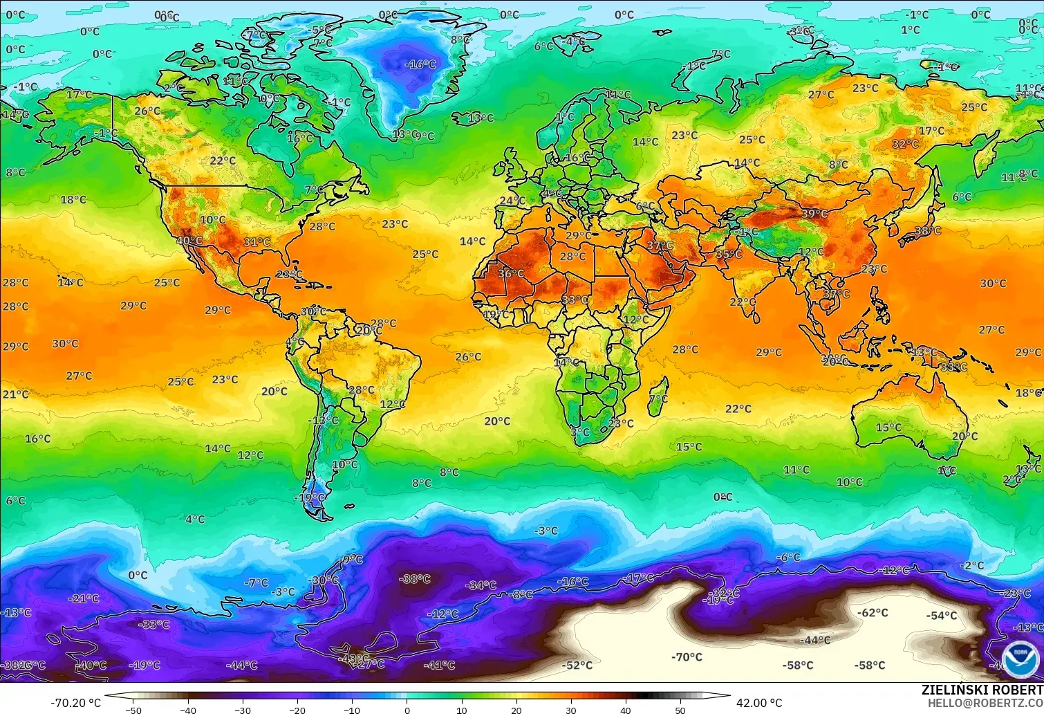GFS modelo - Mundo, Temperatura a 2 m