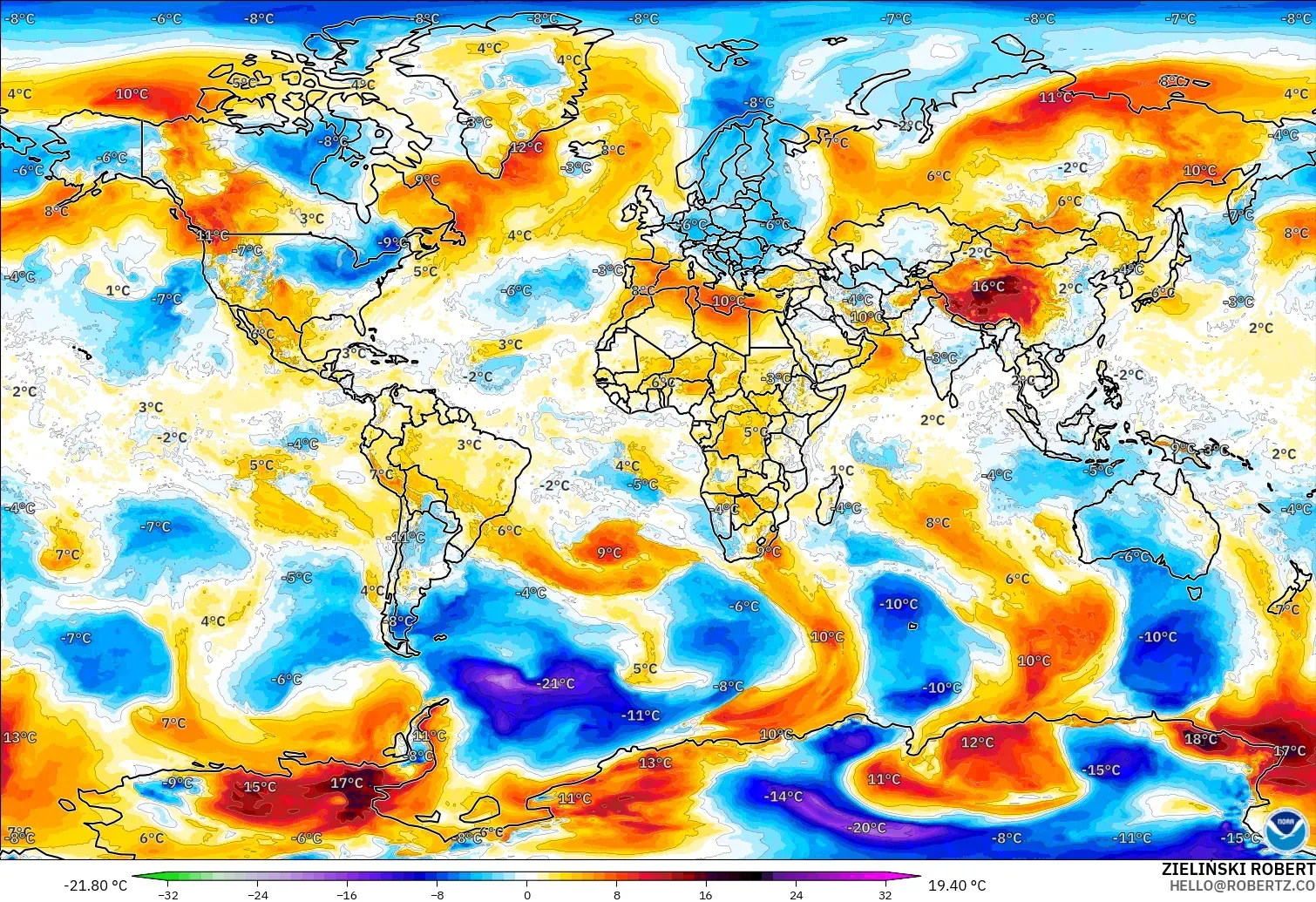GFS modelo - Mundo, Anomalía de temperatura a 850 hPa