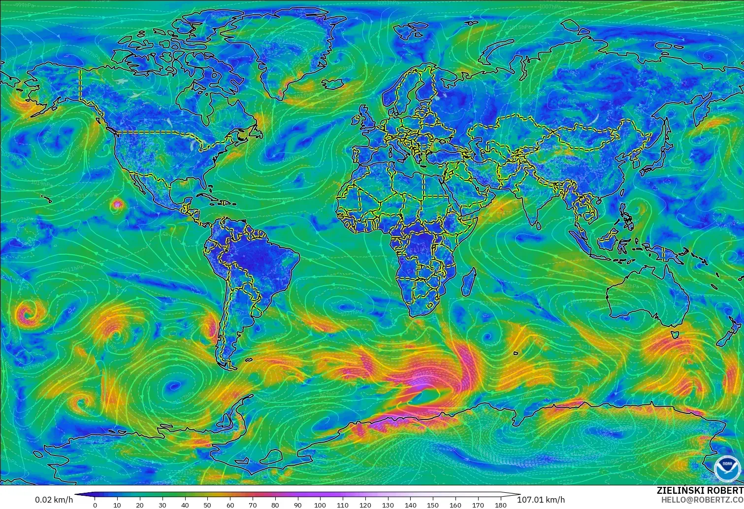 GFS modelo - Mundo, Viento a 10 m