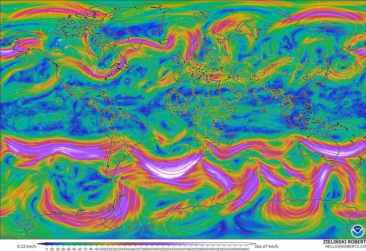 GFS modelo - Mundo, Viento a 300 hPa (corriente en chorro)