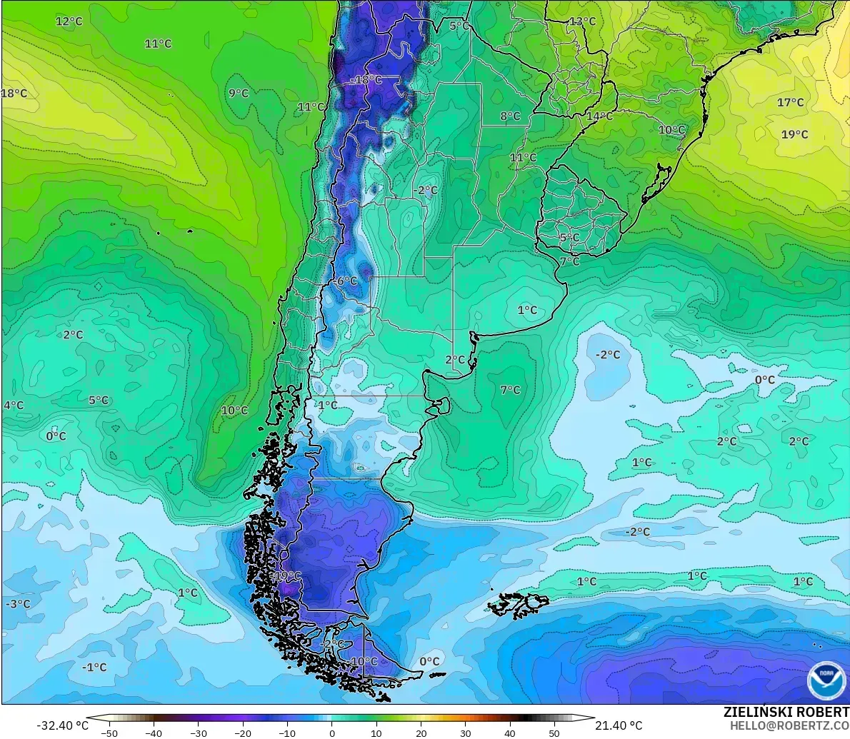 GFS modelo - Argentina, Punto de rocío a 2 m