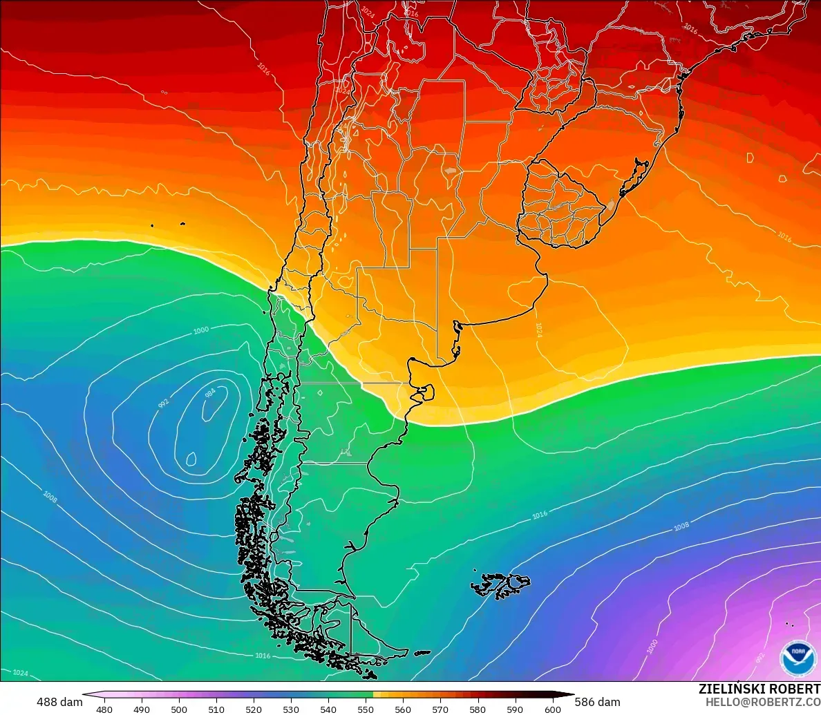 GFS modelo - Argentina, Altura geopotencial a 500 hPa