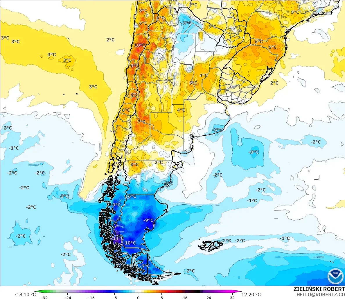 GFS modelo - Argentina, Anomalía de temperatura a 2 m