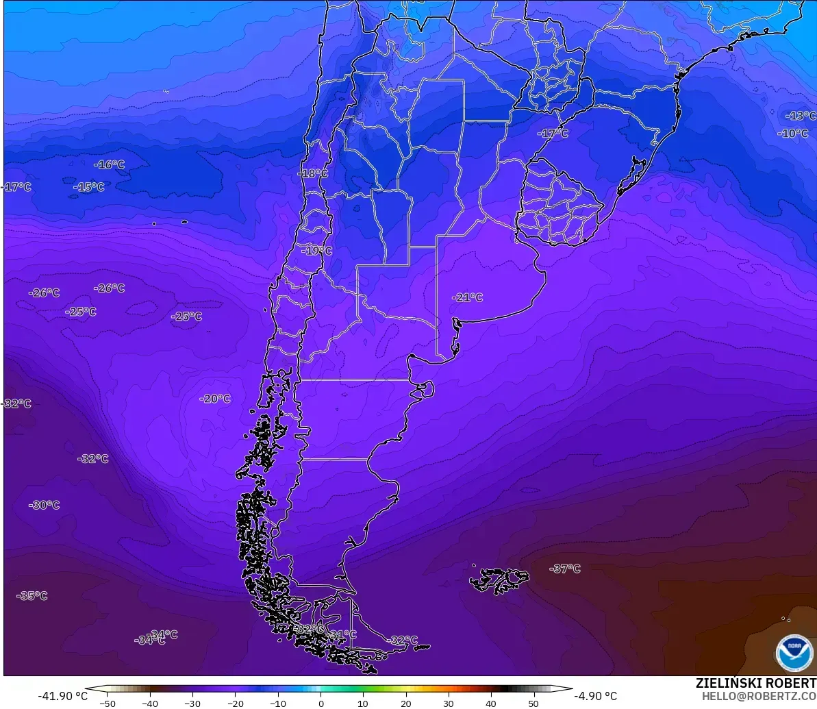 GFS modelo - Argentina, Temperatura a 500 hPa