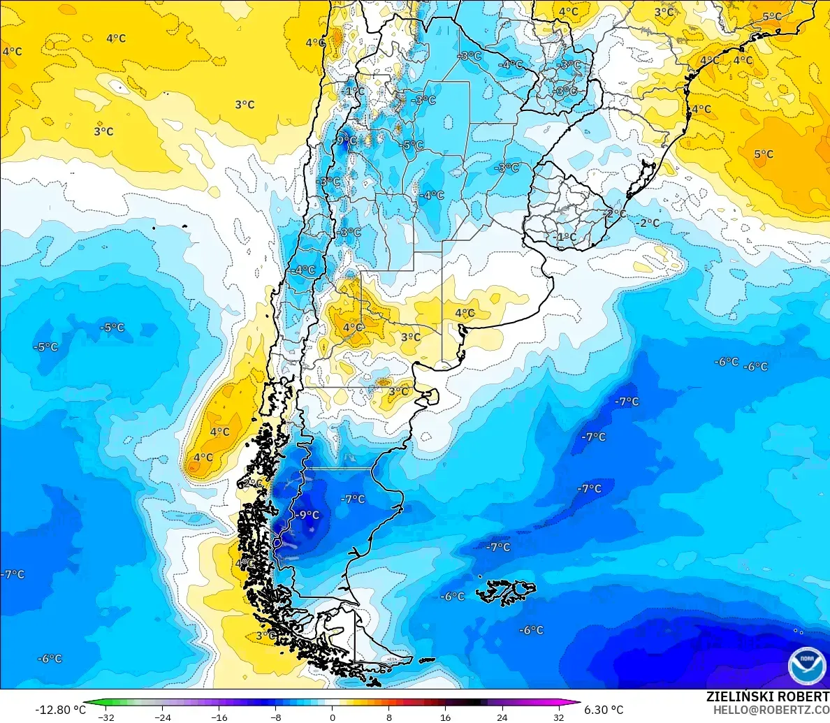 GFS modelo - Argentina, Anomalía de temperatura a 850 hPa