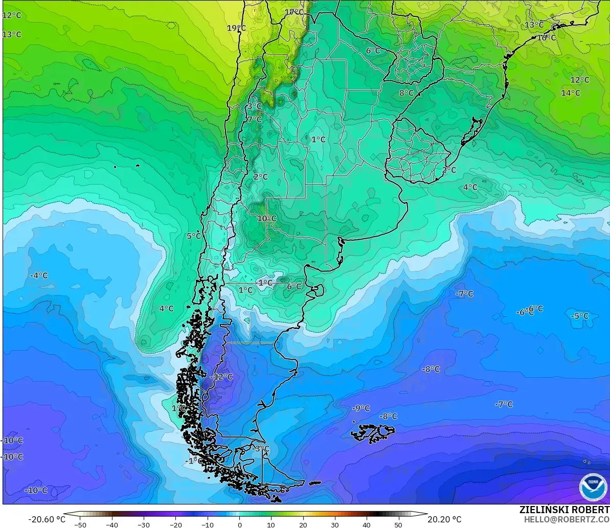 GFS modelo - Argentina, Temperatura a 850 hPa