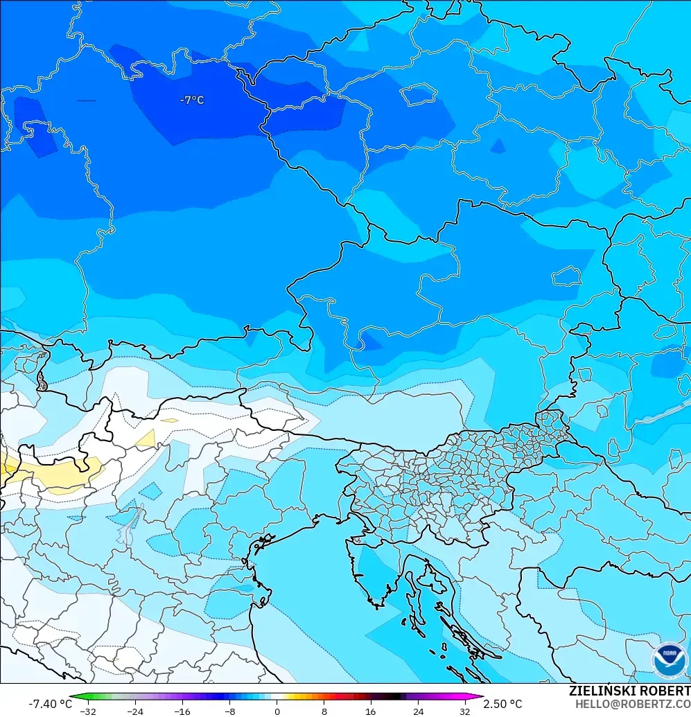 GFS modelo - Austria, Anomalía de temperatura a 850 hPa