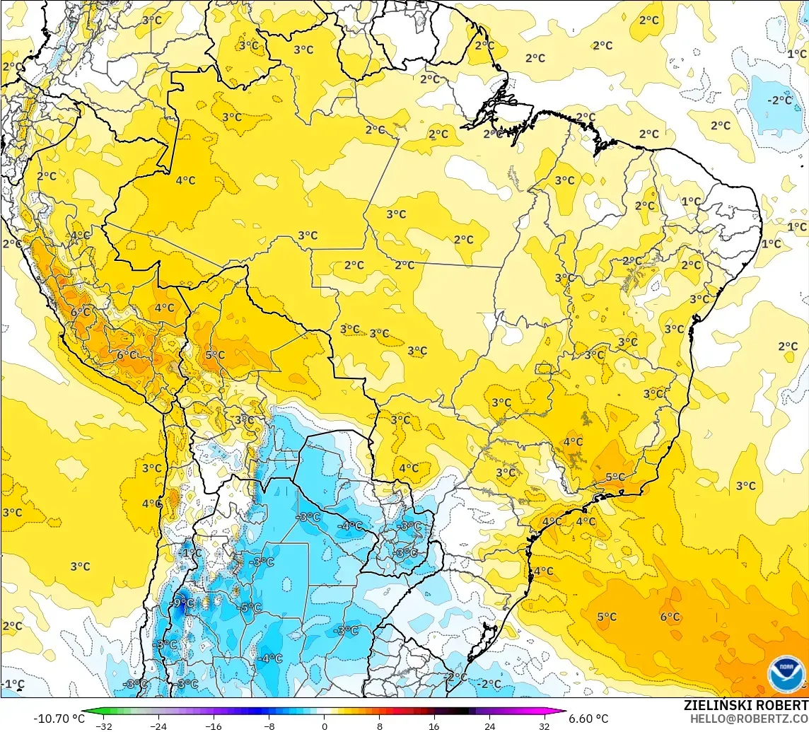 GFS modelo - Brasil, Anomalía de temperatura a 850 hPa