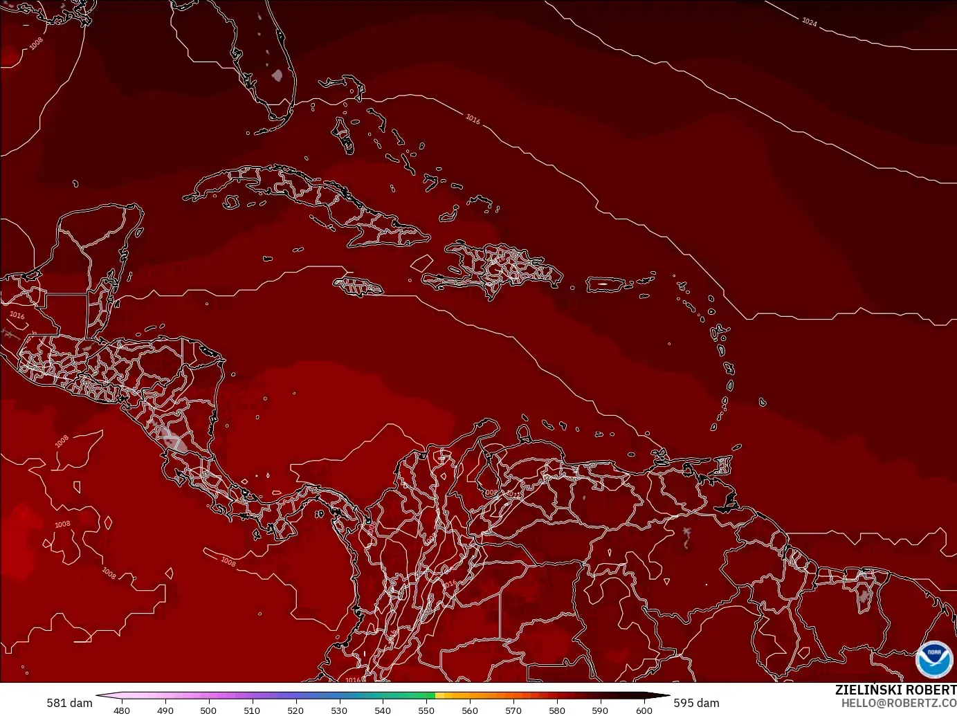GFS modelo - Caribe, Altura geopotencial a 500 hPa