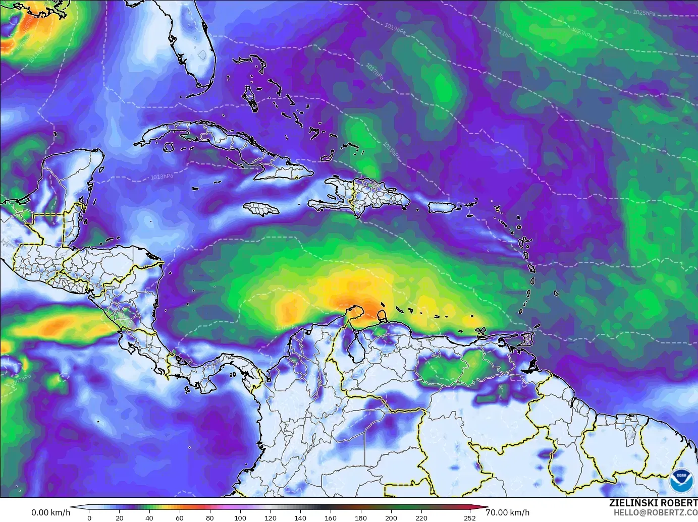GFS modelo - Caribe, Ráfagas de Viento Máximas