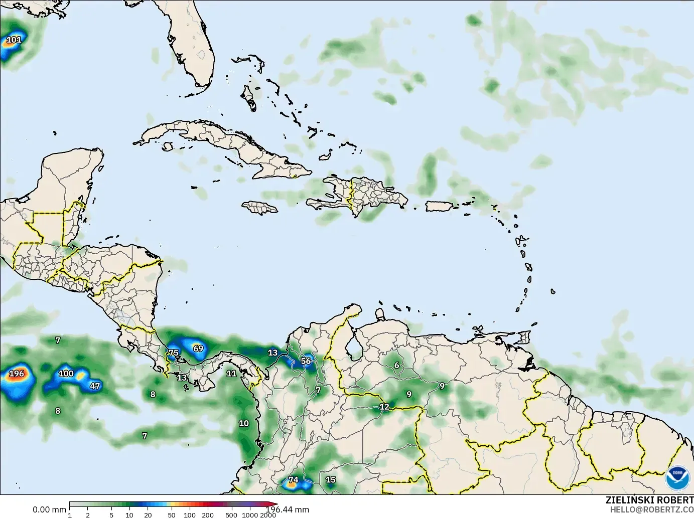 GFS modelo - Caribe, Acumulación de precipitación