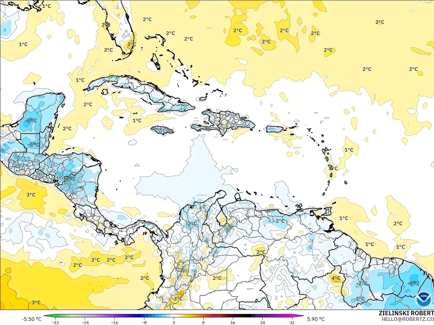 GFS modelo - Caribe, Anomalía de temperatura a 2 m