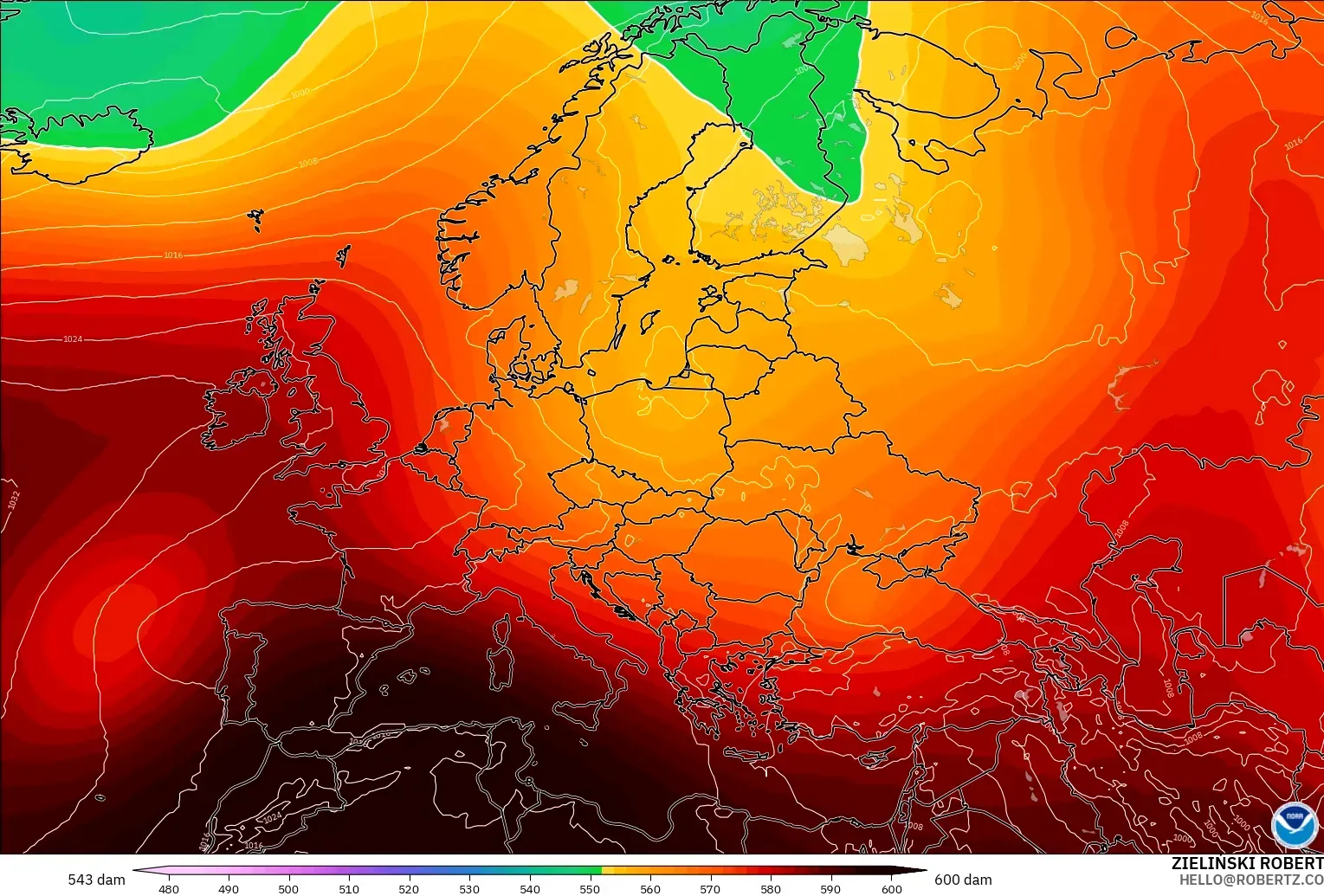 GFS modelo - Europa, Altura geopotencial a 500 hPa