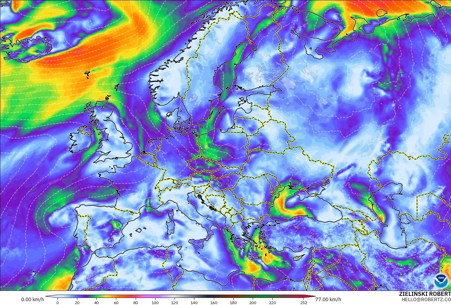 GFS modelo - Europa, Ráfagas de viento