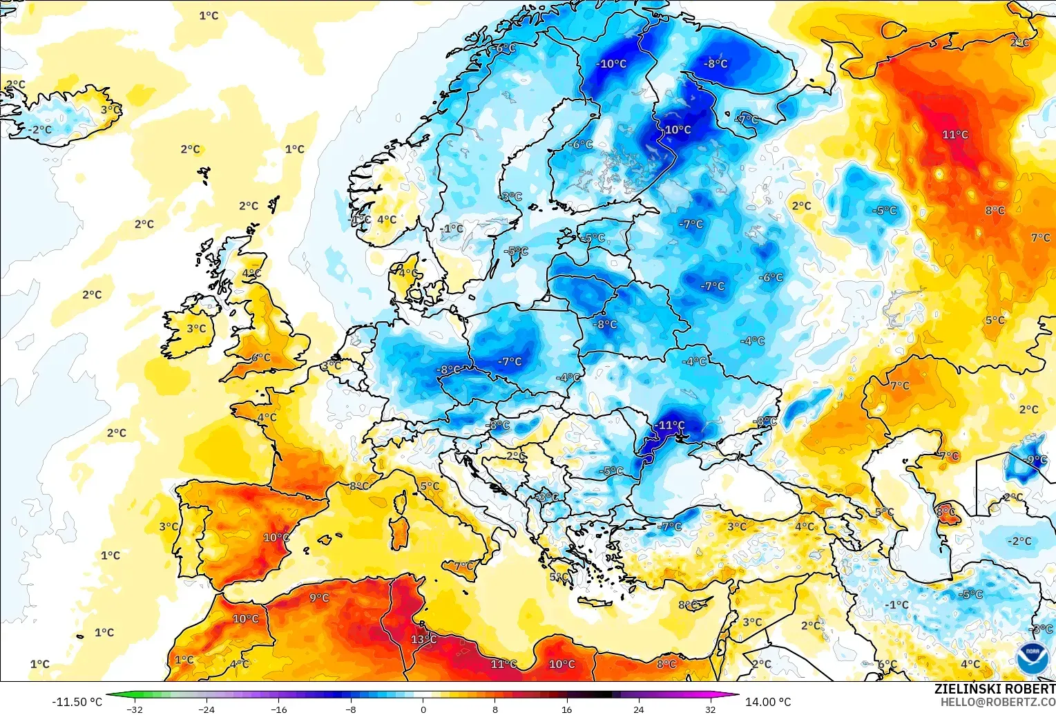 GFS modelo - Europa, Anomalía de temperatura a 2 m