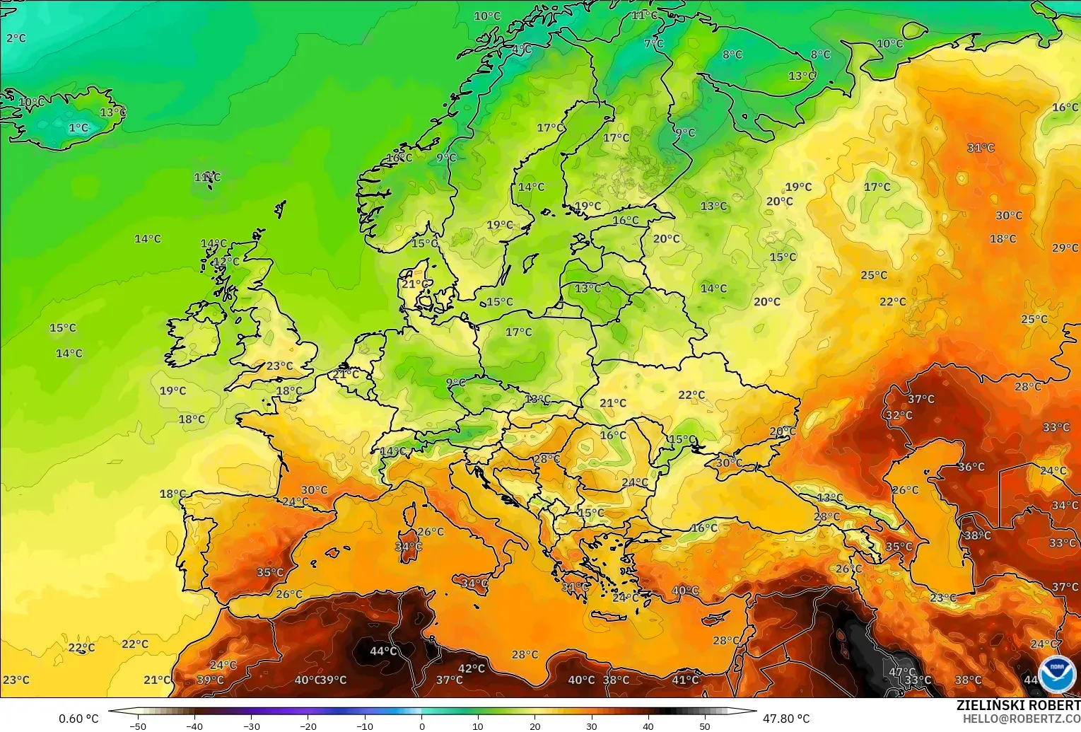 GFS modelo - Europa, Temperatura a 2 m