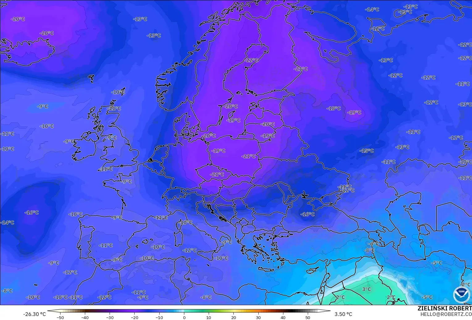 GFS modelo - Europa, Temperatura a 500 hPa