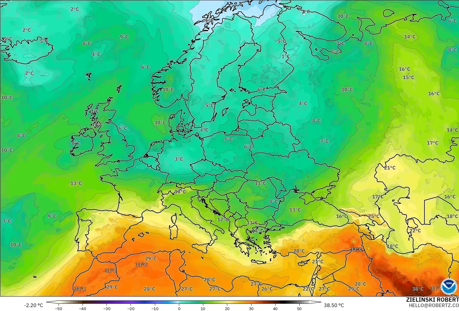 GFS modelo - Europa, Temperatura a 850 hPa