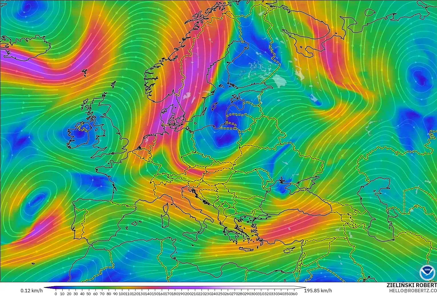 GFS modelo - Europa, Viento a 300 hPa (corriente en chorro)