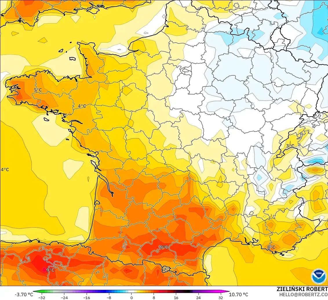 GFS modelo - Francia, Anomalía de temperatura a 2 m