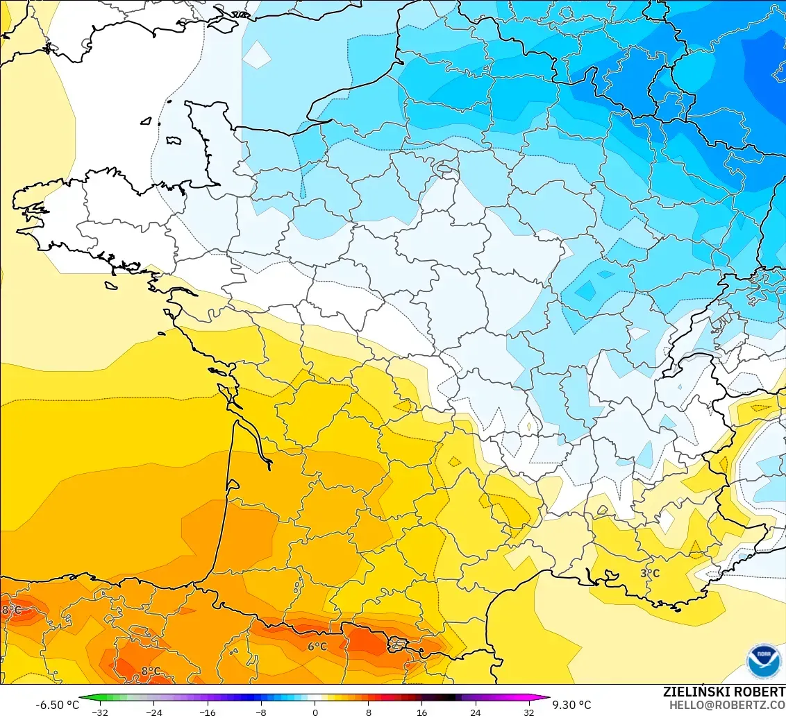 GFS modelo - Francia, Anomalía de temperatura a 850 hPa