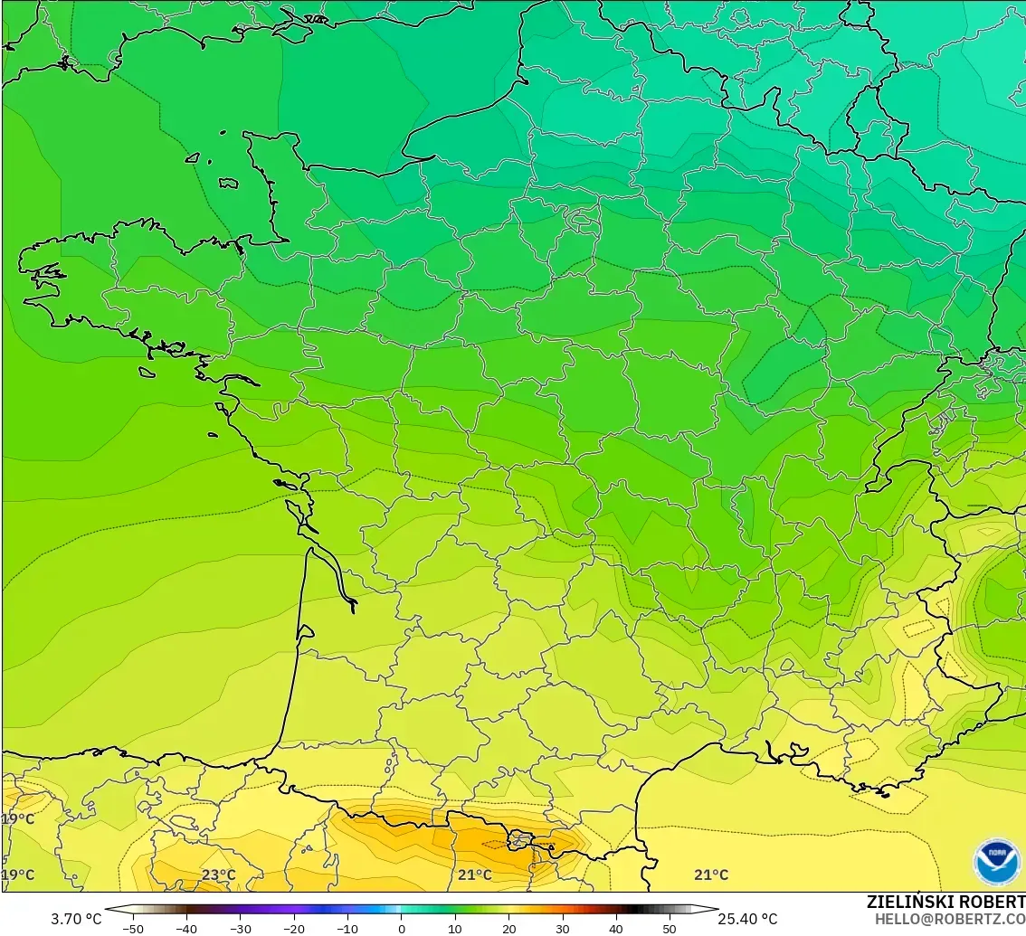 GFS modelo - Francia, Temperatura a 850 hPa