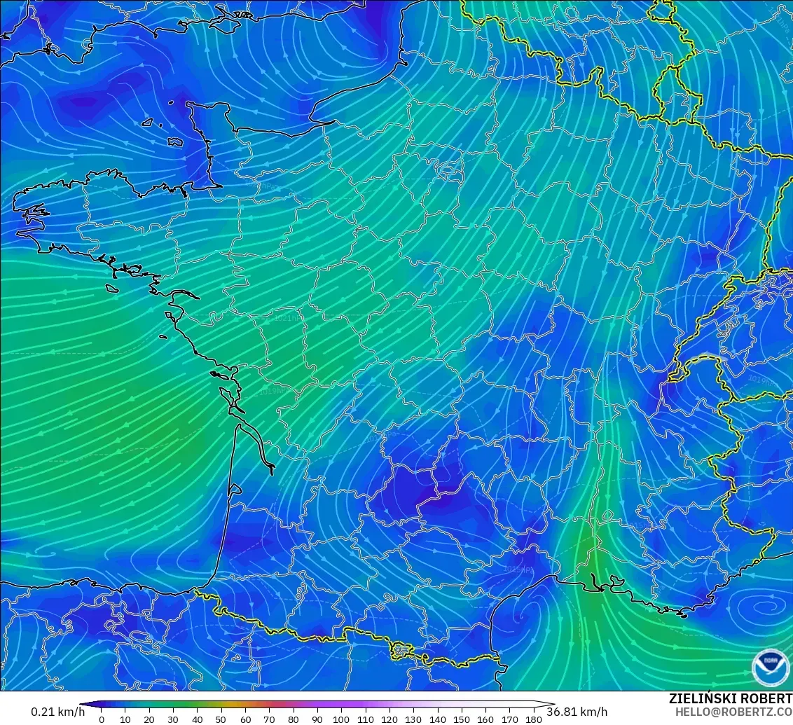 GFS modelo - Francia, Viento a 10 m