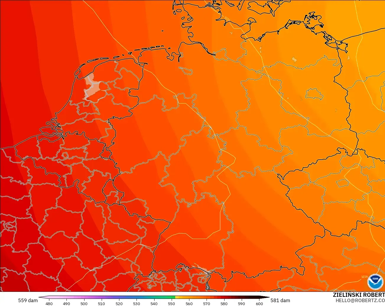 GFS modelo - Alemania, Altura geopotencial a 500 hPa