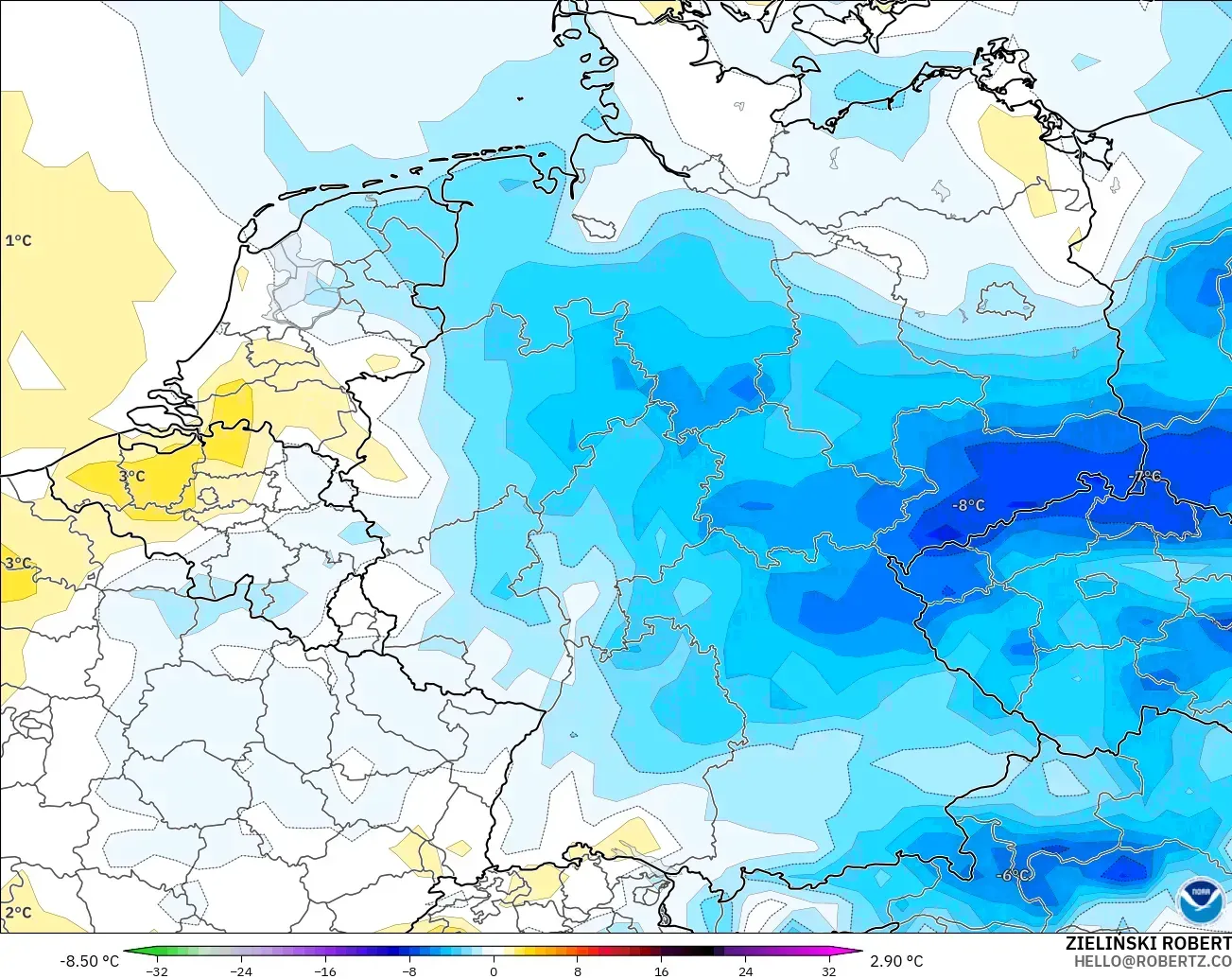 GFS modelo - Alemania, Anomalía de temperatura a 2 m