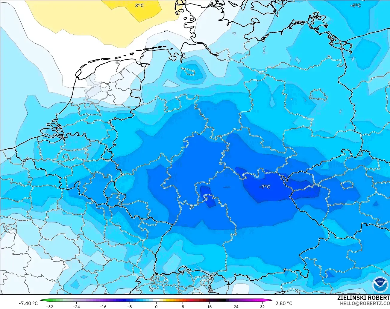 GFS modelo - Alemania, Anomalía de temperatura a 850 hPa