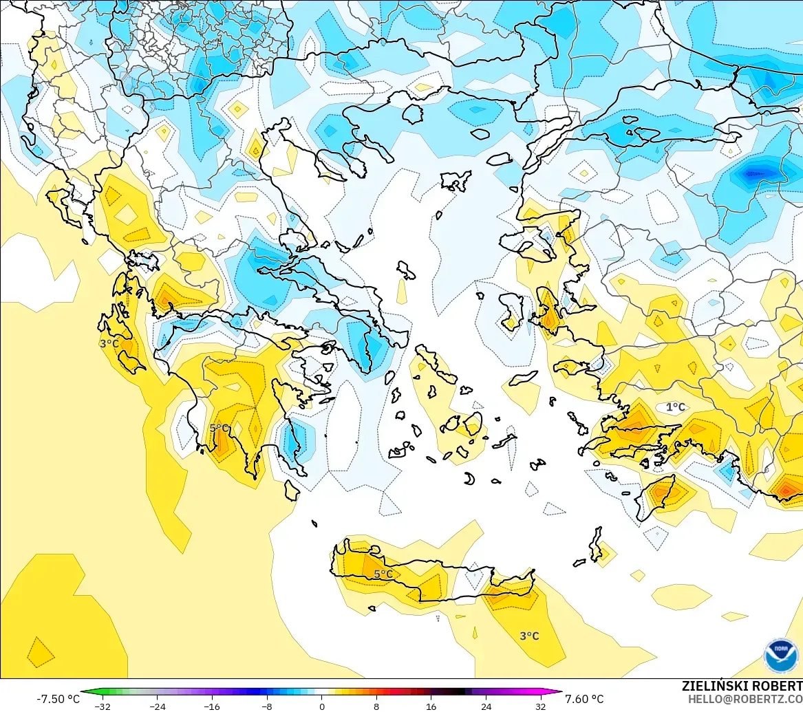 GFS modelo - Grecia, Anomalía de temperatura a 2 m